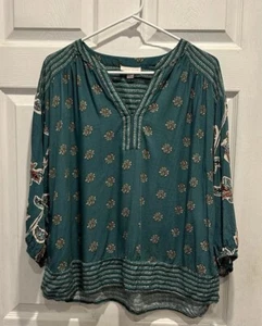 Knox Rose Pullover Blouse Top Womens Large Green 3/4 Sleeve V-Neck Boho Floral - Picture 1 of 8