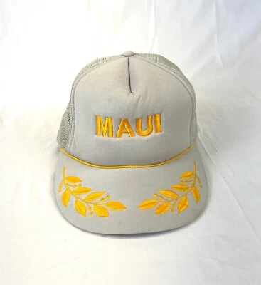 Sombrero de cuerda de camionero Maui Hawaii gorra con cierre a presión tostado con hojas doradas malla ajustable Foto 1 de 4