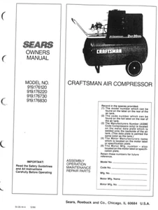 Craftsman Air Compressor Owners Manual 919.176120 919.176220  * MANUAL ONLY * - Picture 1 of 1