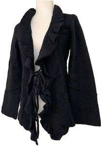 Elena Solano Womens Cardigan Sweater Ruffle Boho Wool Tie Front Black Small - Picture 1 of 7
