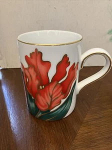 Vintage TULIPE ROUGE KAFFEETASSE FITZ & FLOYD Blume Japan Rotgold Borte 9 Unzen - Bild 1 von 6