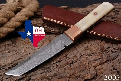 HAND FORGED DAMASCUS STEEL TANTO POINT HUNTING KNIFE & BONE HANDLE+SHEATH AH2005 - Image 1 of 4