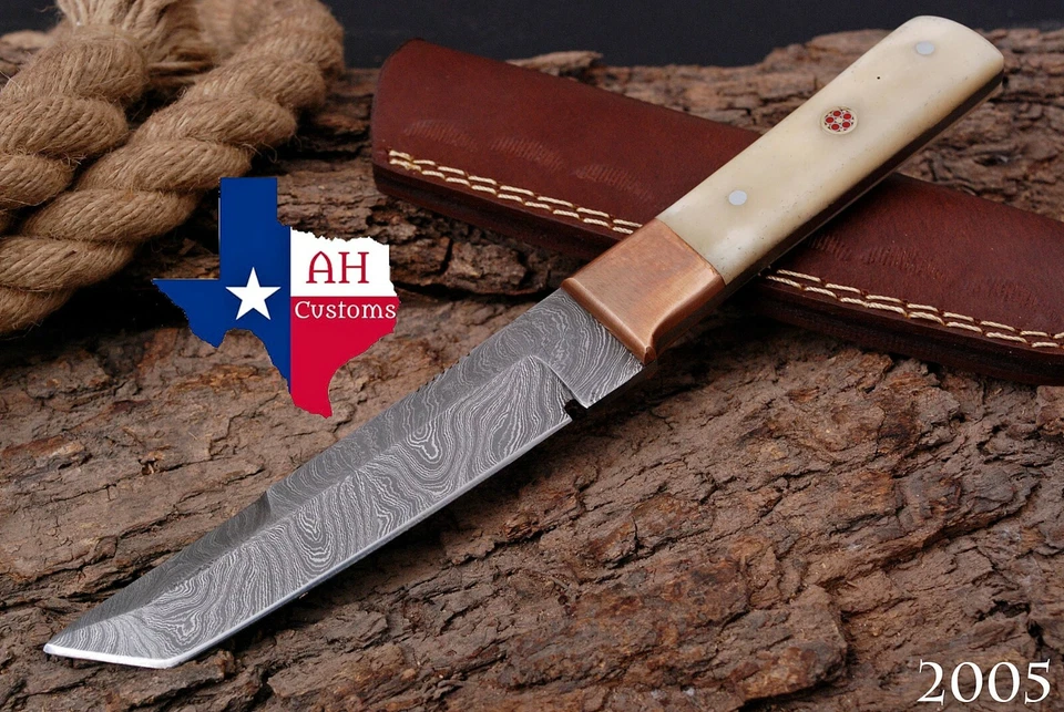HAND FORGED DAMASCUS STEEL TANTO POINT HUNTING KNIFE & BONE HANDLE+SHEATH AH2005 - Image 1 of 4