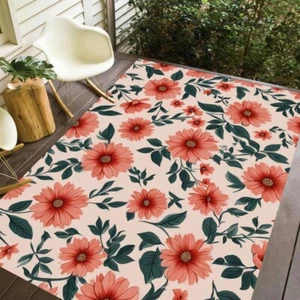 Tropical Botanical Pink Green Floral Outdoor Rug Waterproof Vibrant Outside Rugs - Picture 1 of 6
