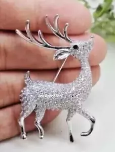 FREE GIFT 2ct Round Real Moissanite Deer Animal Brooch Pin 14K White Gold Plated - Picture 1 of 8