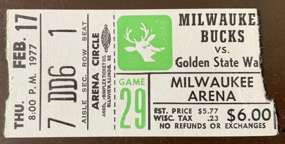 Milwaukee Bucks 2/17/1977 ORIGINAL NBA ticket vs Golden State Warriors - Image 1 of 1