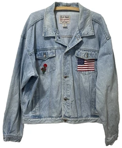 Vintage Unisex Old Navy Dungarees Denim Jacket XXL Trucker Eagle Flag Rose Art - Picture 1 of 22