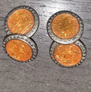 VTG ESTATE ART DECO TEXTURED SILVER BORDER ORANGE ENAMEL CUFFLINKS - Picture 1 of 14