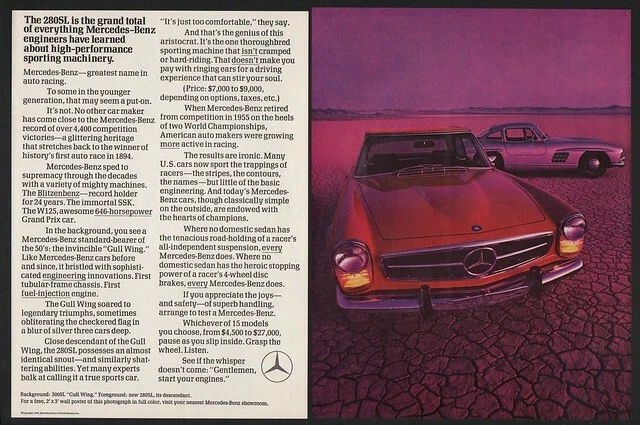 1969 MERCEDES-BENZ 280SL & 300SL GULL WING Red & Silver Car 2pg VINTAGE AD - Image 1 of 1