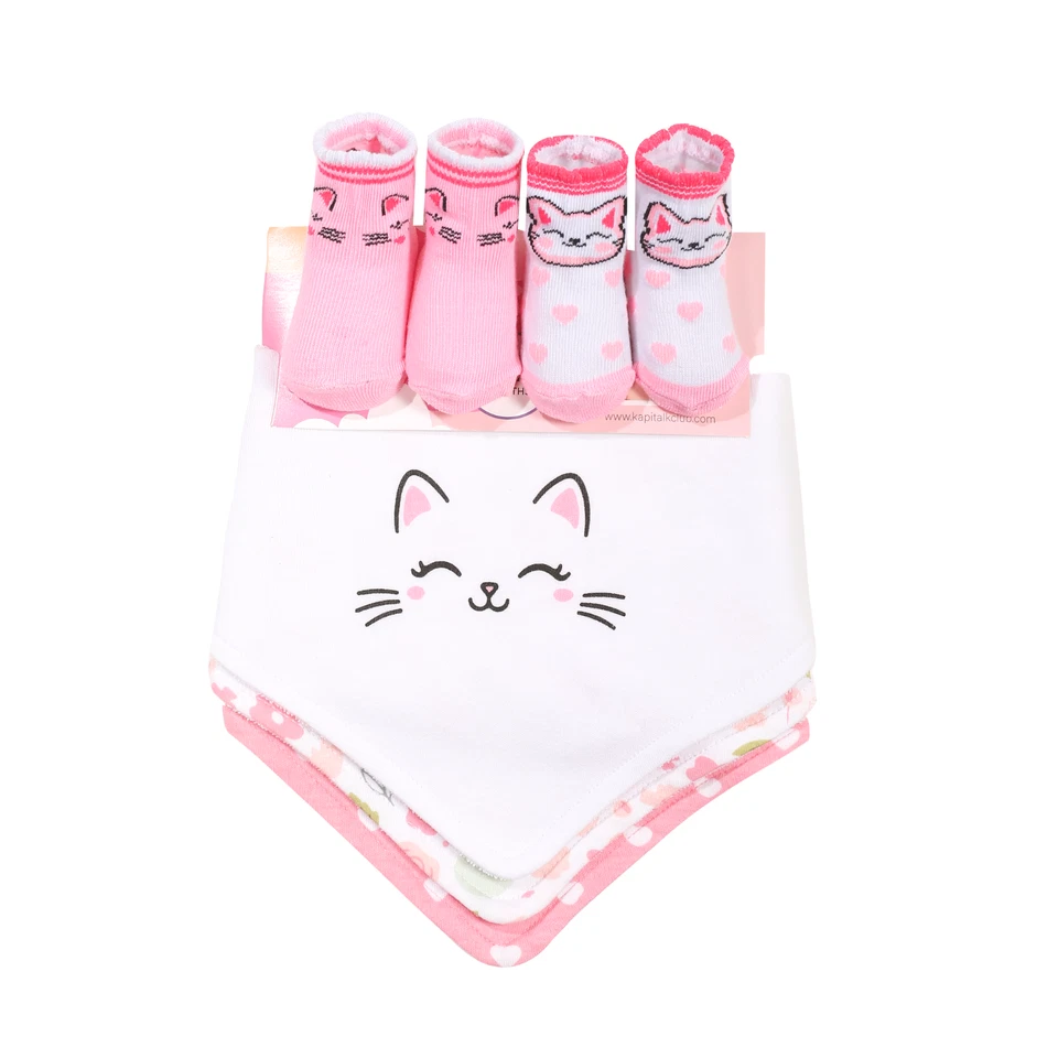 Pack de 3 baberos y calcetines para bebé - diseño de gato rosa, baberos suaves + 2 pares de calcetines Foto 1 de 2