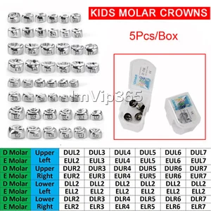 Lote de 5 coronas molares primarias dentales para niños de acero inoxidable pediátricas de 48 tamaños - Imagen 1 de 8
