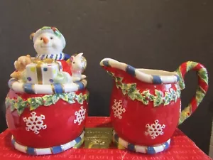 Fitz and Floyd CHRISTMAS SNOWMAN 619/132 LIDDED Sugar Bowl & Creamer SET - Picture 1 of 11