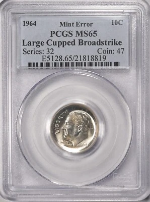 1964 10c Silver LARGE Cupped Broadstruck - Rare Mint Error Coin PCGS MS65 - Image 1 of 4