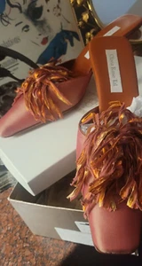 SIZE 11 NEW Olivia Rose Tal Silk Taffeta with Pom Poms Kitten Heel Mules Orange - Picture 1 of 18