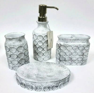 NEW RAYMOND WAITES 4 PC GRAY RESIN FLORAL SOAP DISPENSER,DISH,TOOTHBRUSH,TUMBLER Foto 1 de 4