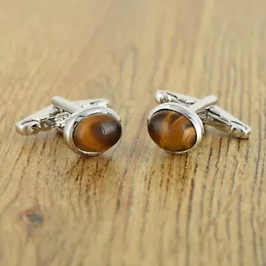 925 Sterling Silver Oval Cabochon Tiger Eye Gemstone Men's Cufflinks Gift - Picture 1 of 3
