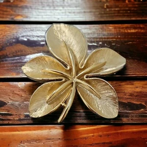 Vintage Monet Floral Plumeria Blatt Brosche gebürstet 3D gewölbt goldfarben klassisch signiert - Bild 1 von 6