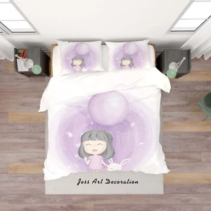 3D Girl Cartoon Kids Quilt Cover Set Duvet Cover Bedding Pillowcases - Picture 1 of 6