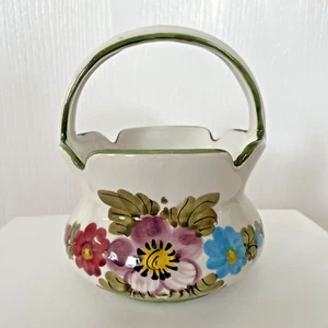 Cesto in ceramica italiana con manico Made in Italy - finiture verdi e disegno floreale - Foto 1 di 8