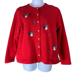 Suéter Muñeco de Nieve Talla XL Cárdigan a Presión Bordado Rojo Elementos Clásicos - Imagen 1 de 5