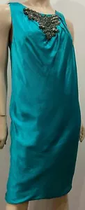 Vestido ALBERTA FERRETTI Azul Brillo Seda Redondo Cuentas Escote Sin Mangas UK12 - Imagen 1 de 10