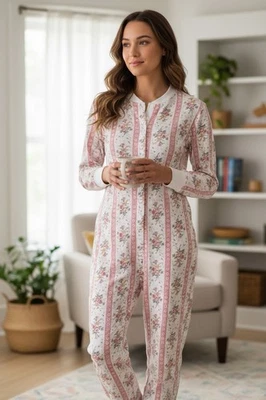 Vintage LL Bean Lanz Fleece Floral Rose One Piece Jumpsuit Pajamas Granny Core S - Image 1 of 4