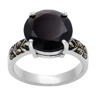 Silverly Anello Argento 925 Solitario Zircone Nero Rotondo Multi Marcasite - Immagine 1 di 4