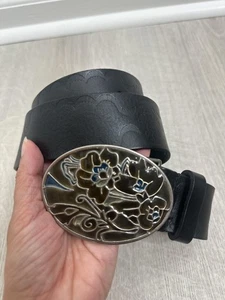Ledergürtel Damen schwarz Blumen Schnalle geprägt Western Boho Vintage Style - Bild 1 von 7