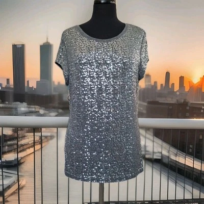 Gunmetal Silver METALLIC SEQUIN T Shirt TOP Evening Party Bling Cap Sleeve Vegas - Image 1 of 4
