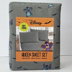 Disney Lilo & Stitch Halloween Bats Queen Sheet Set 100% Cotton 4 Piece New - Picture 1 of 3