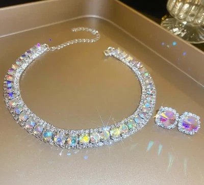 Rhinestone Necklace + Earrings Silver Aurora Borealis AB Choker Crystal STUNNING - Image 1 of 4