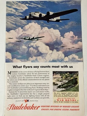 Anuncio impreso Studebaker 1945 constructor en tiempos de guerra motores ciclónicos Wright fortaleza voladora Foto 1 de 2
