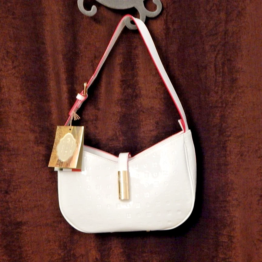 NWT ARCADIA Debossed Patent Leather Top Zip Tube Lock Shoulder Bag  White Italy - Image 1 of 4