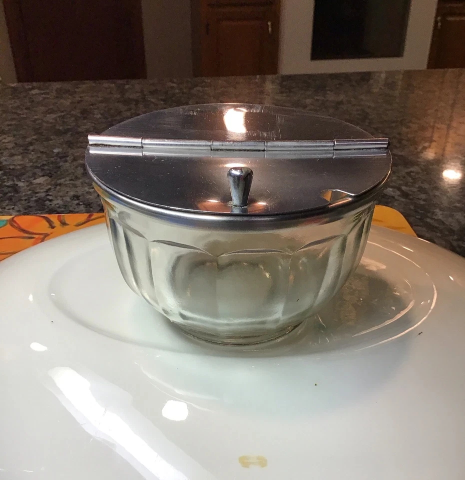 Cuenco de azúcar vintage 1950 Bloomfield Glass Diner acero inoxidable tapa abatible agujero de cuchara Foto 1 de 4