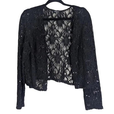 Винтажный США мертвый запас 90-х /Y2K черный кружевной последовательности укороченный кардиган размер XL - Изображение 1 из 4