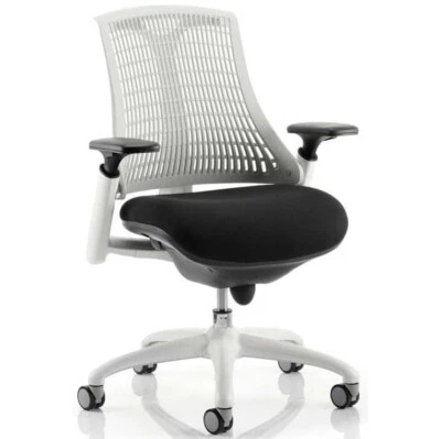 Flex Task Operator Chair White Frame Black Fabric Seat With Grey Back With Arms
