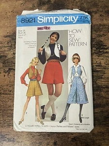 VTG 70s Pantskirt + Vest Size 14 Simplicity 8921 Sewing Pattern Jr. & Petites - Picture 1 of 4