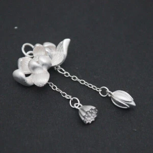 Pure 999 Fine Silver Pendant Women Men Lucky Lotus Tassel Pendant 1.5inchH /4-5g - Picture 1 of 4