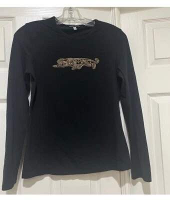 Top túnica pequeño con logotipo de leopardo de algodón elástico material jersey negro Krizia Jeans Foto 1 de 4