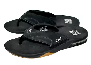 REEF Fanning Bottle Opener Flip Flops Men Size 8 Black Faux Leather Cushion Heel - Picture 1 of 6