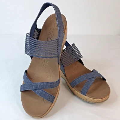 Skechers Luxe Foam Beverlee Wedge Sandals 10 Blue Cork wrap wedge Stretch band - Image 1 of 4