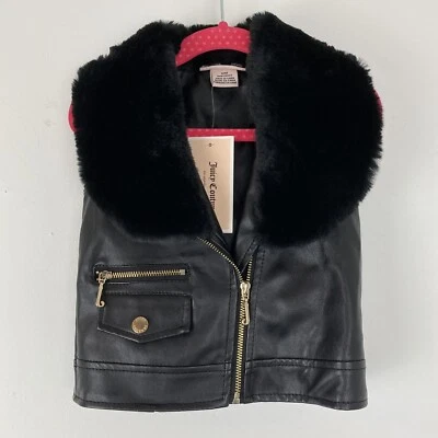 Juicy Couture size 12M Black Leather Faux Fur Collar Moto Biker Vest NWT - Image 1 of 4