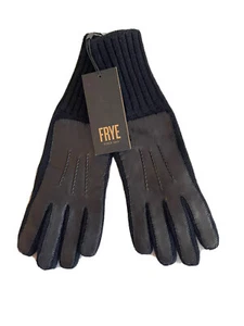 Frye Gloves Black Leather Patch Knit Lambs Wool Logo L / XL Brand NEW - Picture 1 of 8