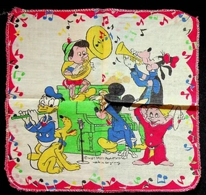 Walt Disney Vintage Cloth Napkin Made In Hong Kong Mickey Pluto Donald In Band - Picture 1 of 3