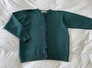 Hodgson | Women’s SZ S | VTG Cardigan Scotland | Green Plaid Trim Merino Wool - Picture 1 of 12