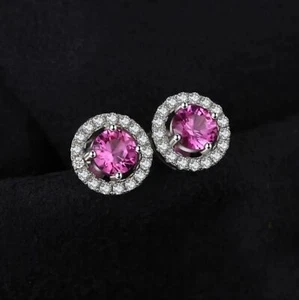 1.60CT Pink Sapphire Halo Luxury Stud Earrings in Sterling Silver - Picture 1 of 11