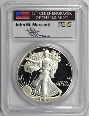 1988-S Proof Silver Eagle $1 PCGS PR70 DCAM, Mercanti Signed Flag Label [BN162] - Image 1 of 2