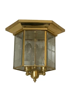 Vintage 3 Light Solid Brass with Clear Beveled Cross-Hatch Glass Flush Mount Ce - Picture 1 of 7