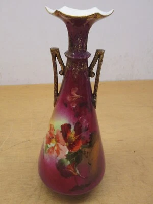 Antique German Royal Rudolstadt Fancy porcelain handled floral painted vase 12" - Image 1 of 4