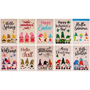G128 Garden Flag Set Holiday Gnomes 12"x18" 10 pieces Burlap Fabric - Foto 1 di 8